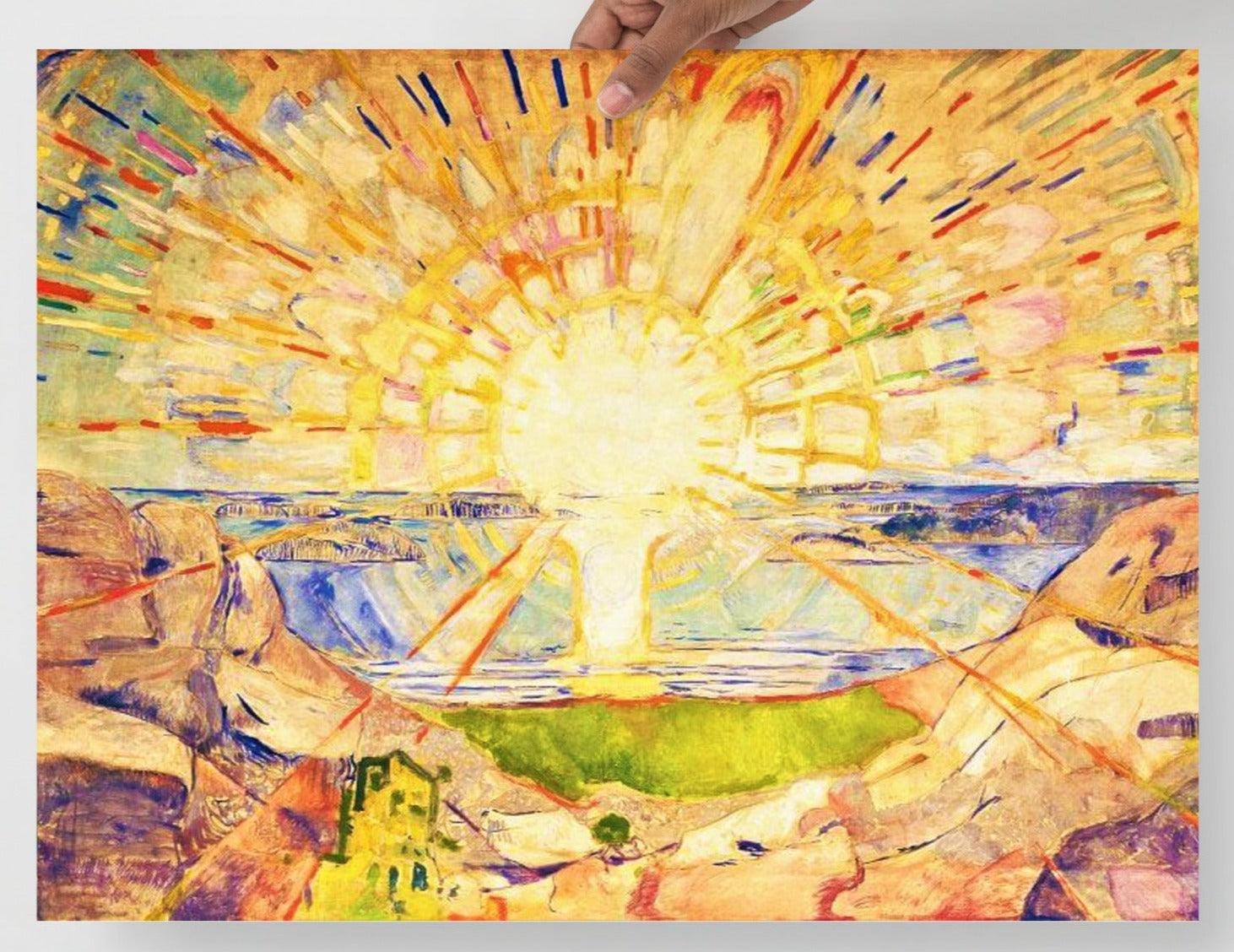 The Sun By Edvard Munch poster on a plain backdrop in size 18x24”.