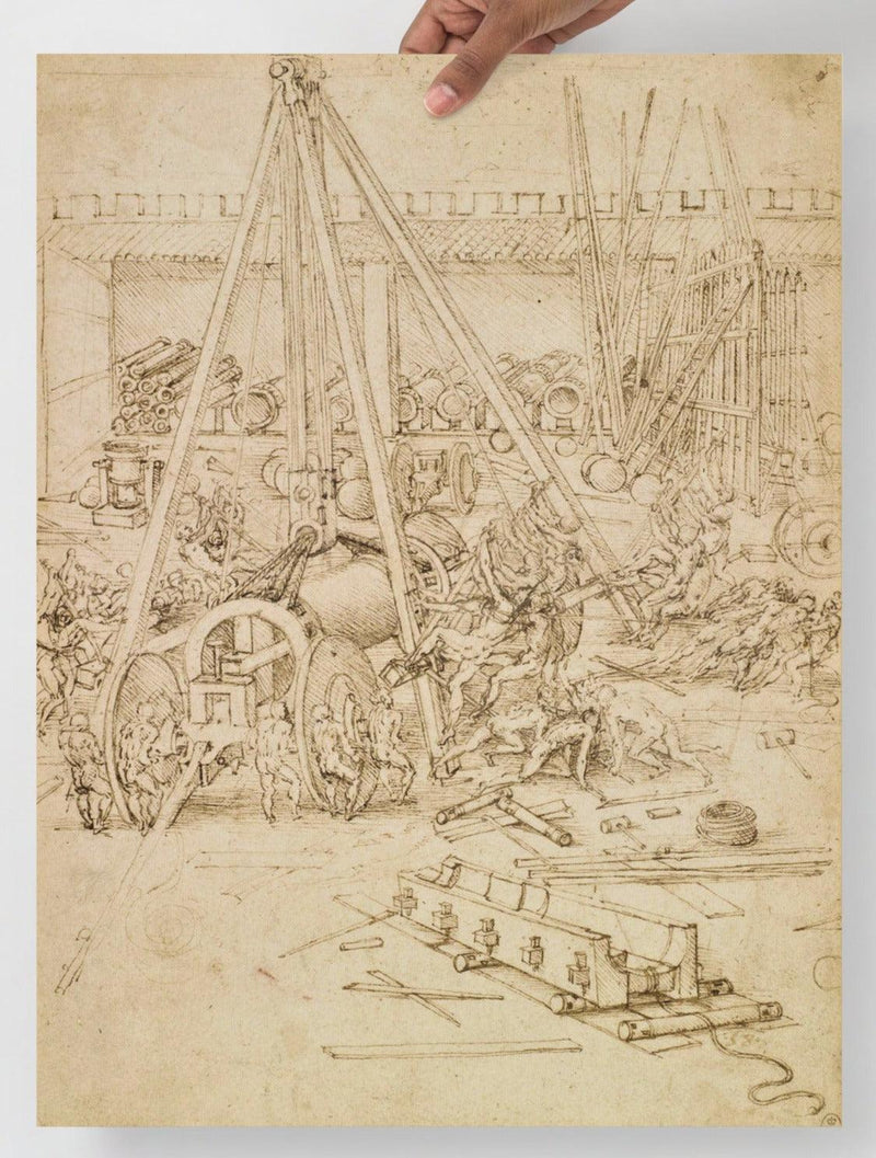 A Scene in an Arsenal by Leonardo Da Vinci  poster on a plain backdrop in size 18x24”.