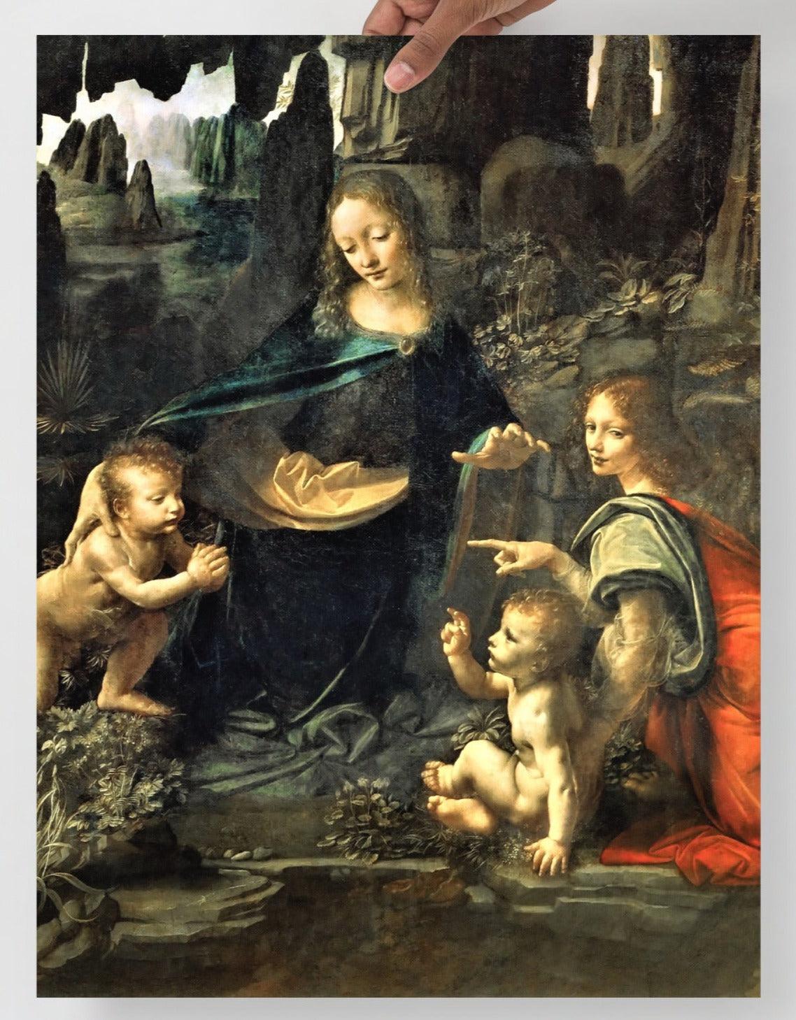 A Virgin of the Rocks by Leonardo Da Vinci  poster on a plain backdrop in size 18x24”.