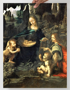 A Virgin of the Rocks by Leonardo Da Vinci  poster on a plain backdrop in size 18x24”.