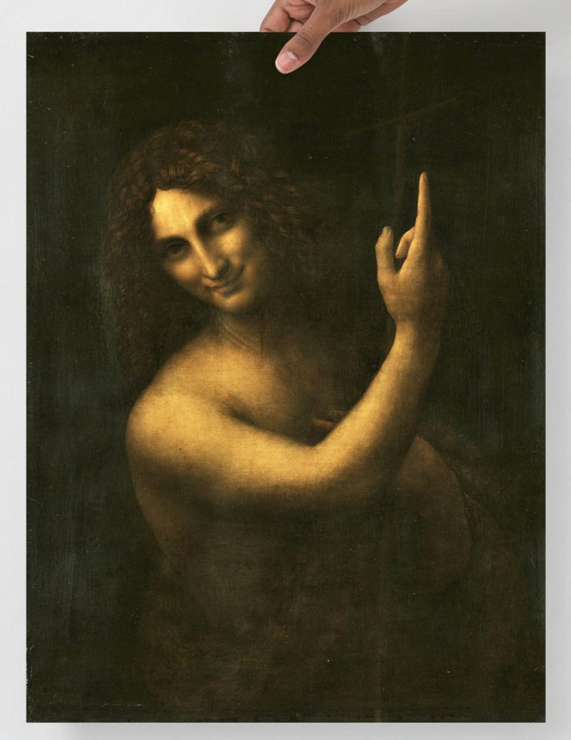 A Saint John the Baptist by Leonardo da Vinci  poster on a plain backdrop in size 18x24”.