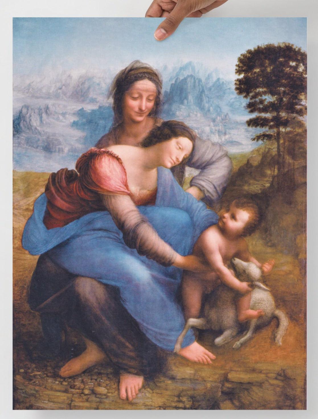 The Virgin and Child with Saint Anne by Leonardo da Vinci  poster on a plain backdrop in size 18x24”.