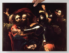 The Taking of Christ by Caravaggio  poster on a plain backdrop in size 18x24”.
