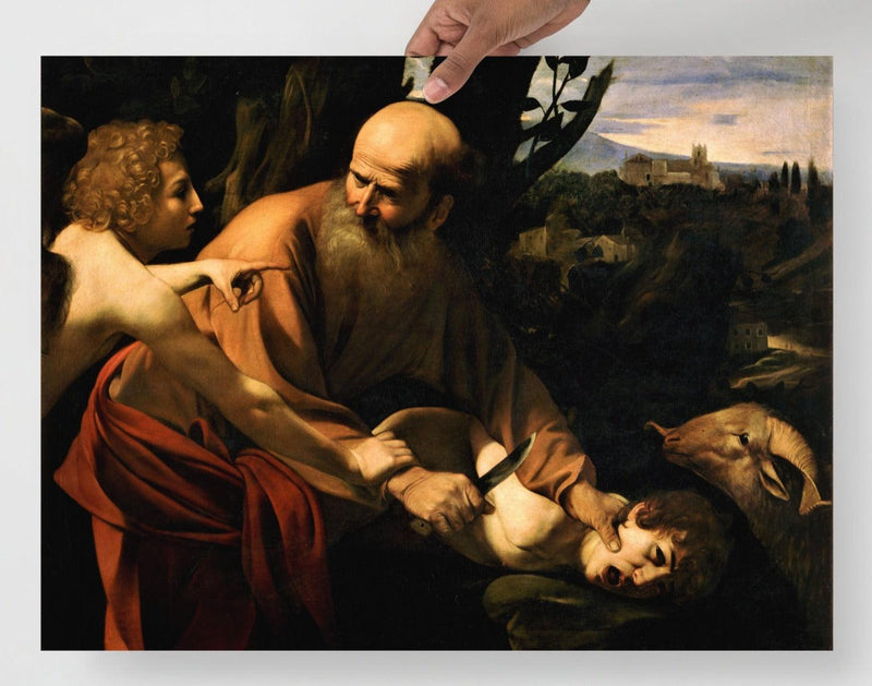 A Sacrifice of Isaac by Caravaggio  poster on a plain backdrop in size 18x24”.
