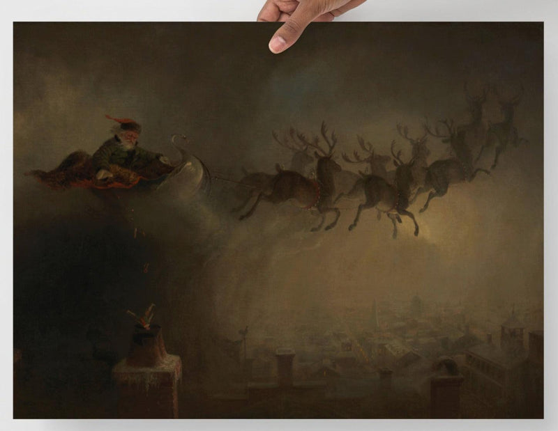 A Santa Claus Dropping Gifts Down The Chimney by William Holbrook Beard poster on a plain backdrop in size 18x24”.
