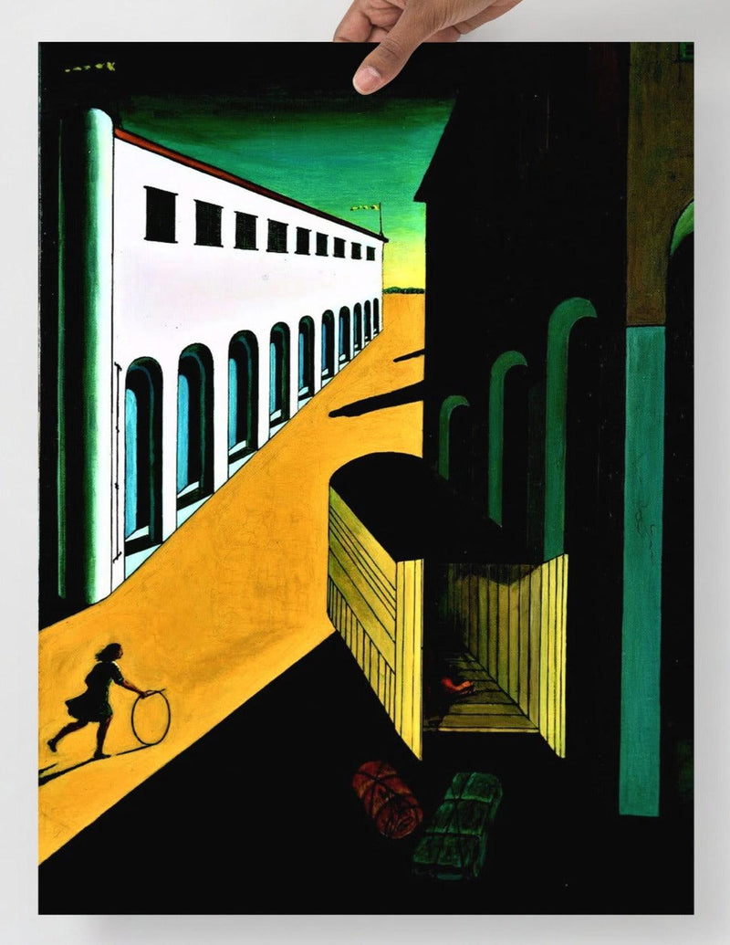 A Mystery And Melancholy By Giorgio De Chirico poster on a plain backdrop in size 18x24”.