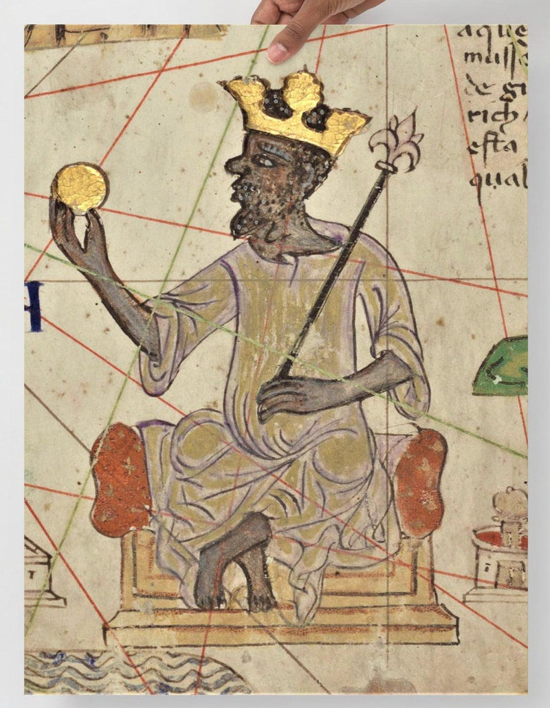 A Mansa Musa  poster on a plain backdrop in size 18x24”.