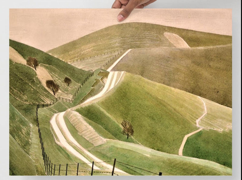 A Chalk Paths by Eric Ravilious poster on a plain backdrop in size 18x24”.