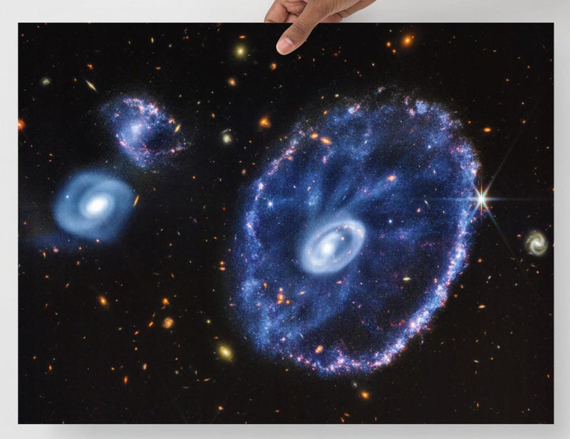 A Cartwheel Galaxy by James Webb Space Telescope poster on a plain backdrop in size 18x24”.