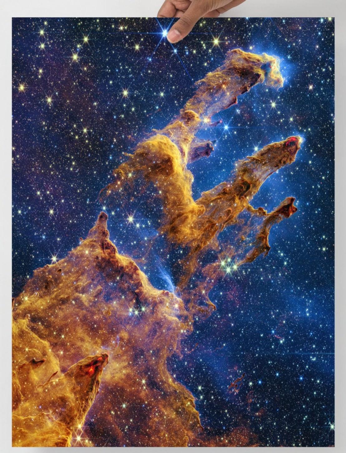 A Pillars of Creation by James Webb Telescope poster on a plain backdrop in size 18x24”.