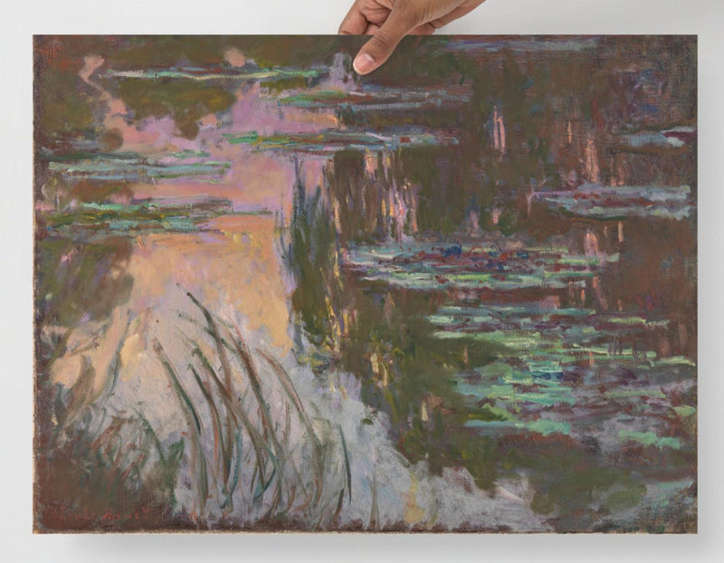 A Water Lilies by Claude Monet poster on a plain backdrop in size 18x24”.