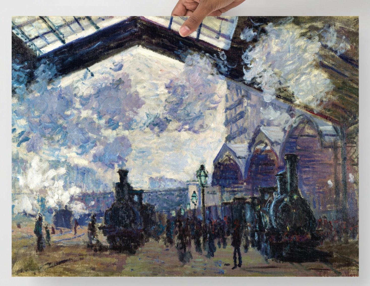 The Gare St-Lazare by Claude Monet  poster on a plain backdrop in size 18x24”.