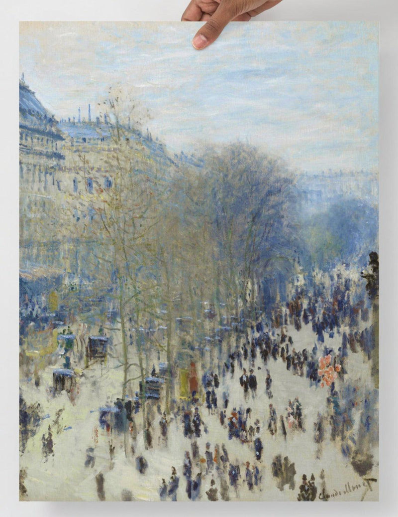 A Boulevard des Capucines by Claude Monet poster on a plain backdrop in size 18x24”.