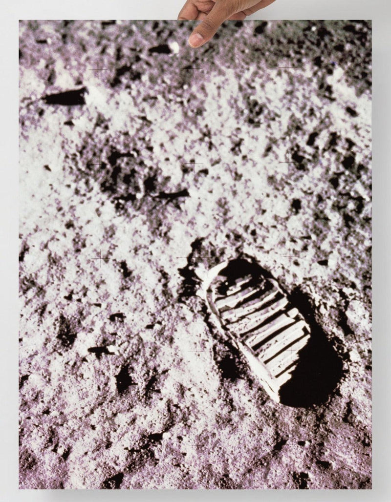 A Footprint on the Moon Apollo 11 poster on a plain backdrop in size 18x24”.