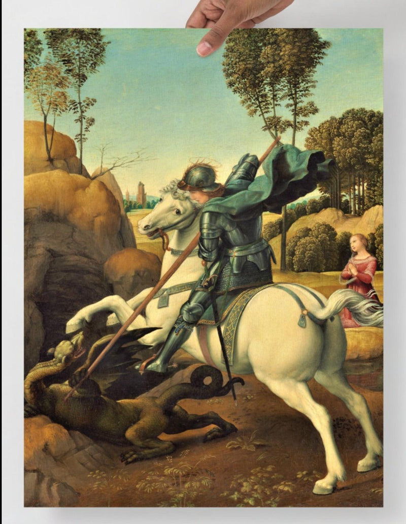 A Saint George And The Dragon by Raphael poster on a plain backdrop in size 18x24”.