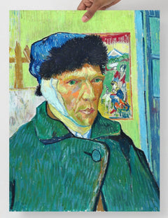 A Self Portrait With Bandaged Ear by Vincent Van Gogh poster on a plain backdrop in size 18x24”.