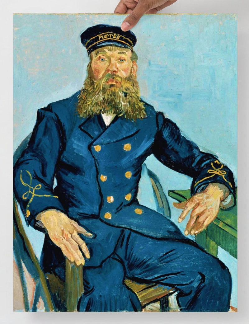 A Postman Joseph Roulin by Vincent van Gogh poster on a plain backdrop in size 18x24”.