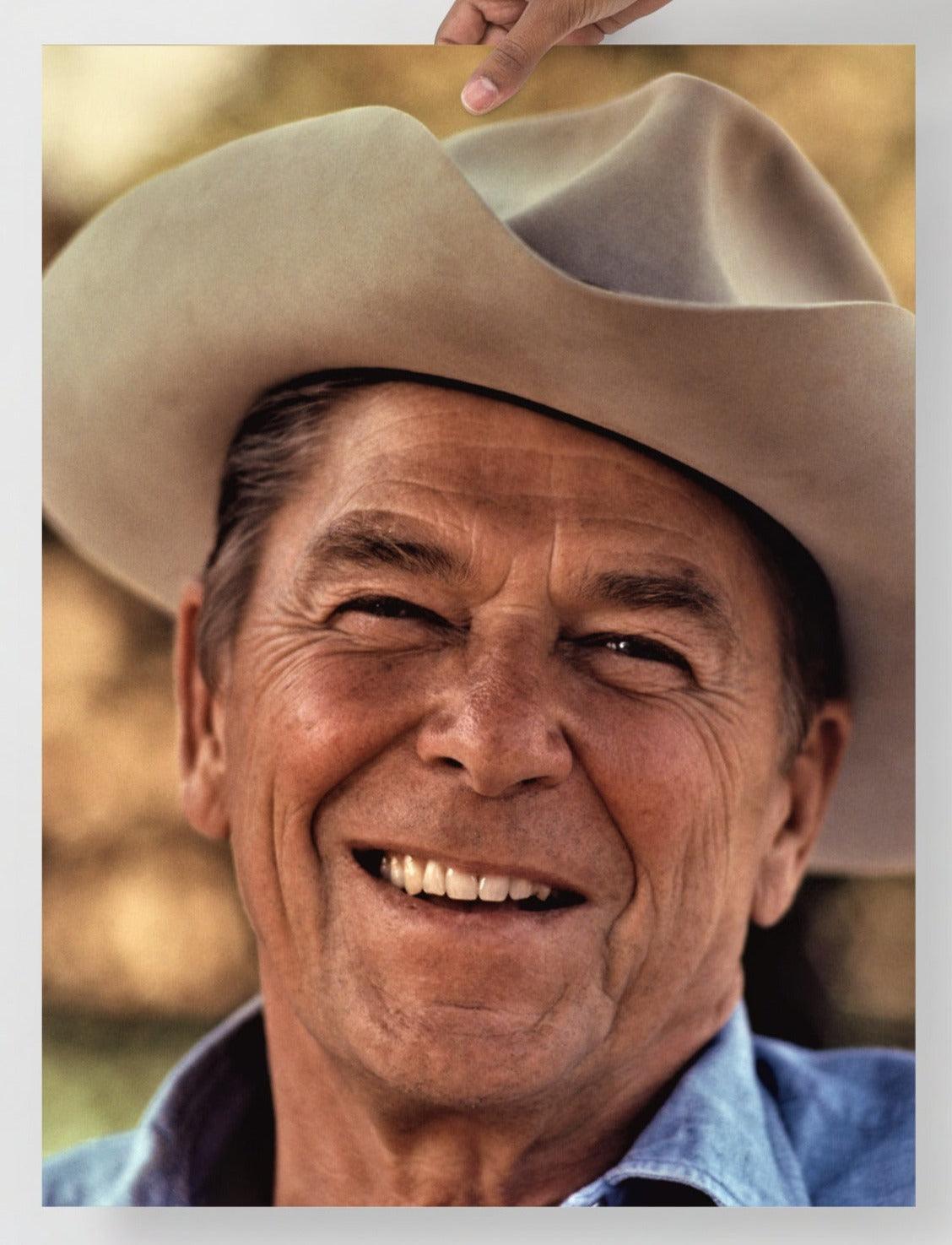 A Ronald Reagan Cowboy Hat poster on a plain backdrop in size 18x24”.