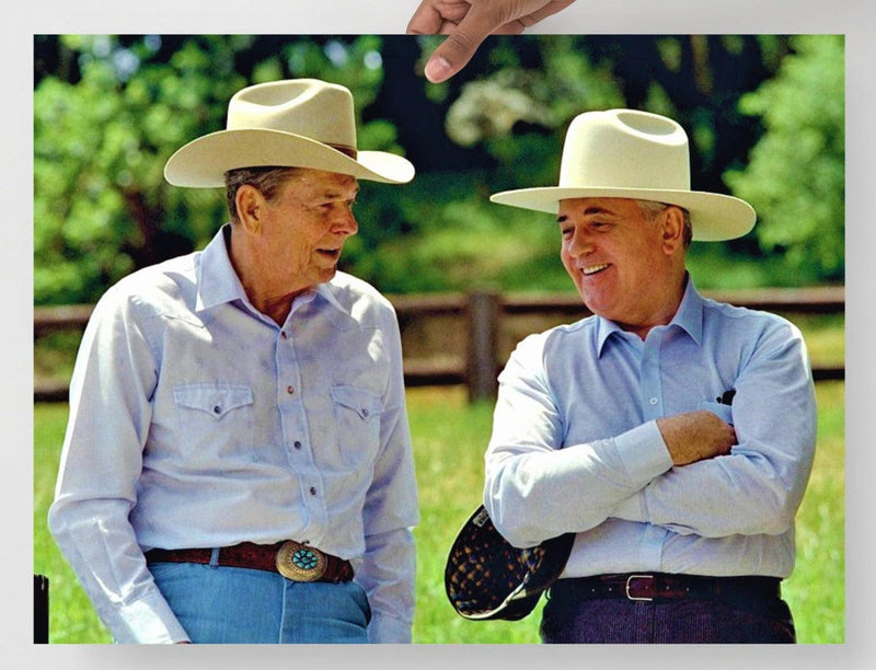 A Reagan and Gorbachev Cowboy Hats poster on a plain backdrop in size 18x24”.