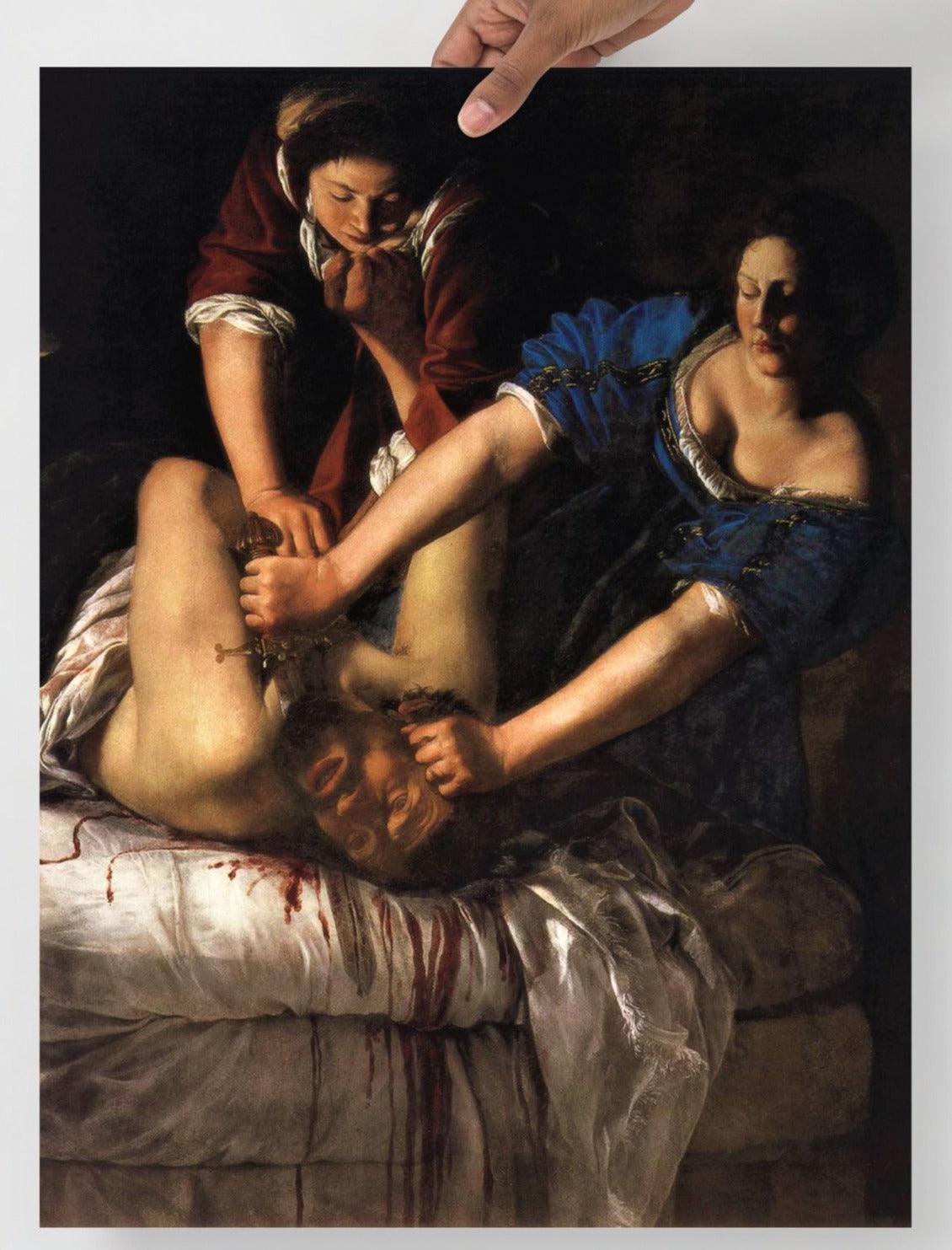 A Judith beheading Holofernes by Artemisia Gentileschi poster on a plain backdrop in size 18x24”.