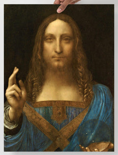 A Salvator Mundi by Leonardo Da Vinci poster on a plain backdrop in size 18x24”.