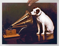 A His Master's Voice By Francis Barraud poster on a plain backdrop in size 18x24”.