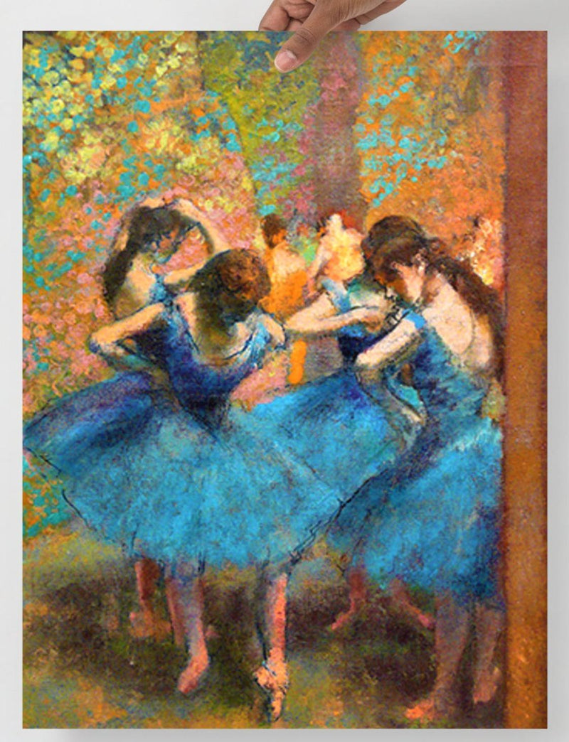 A Dancers in Blue by Edgar Degas poster on a plain backdrop in size 18x24”.