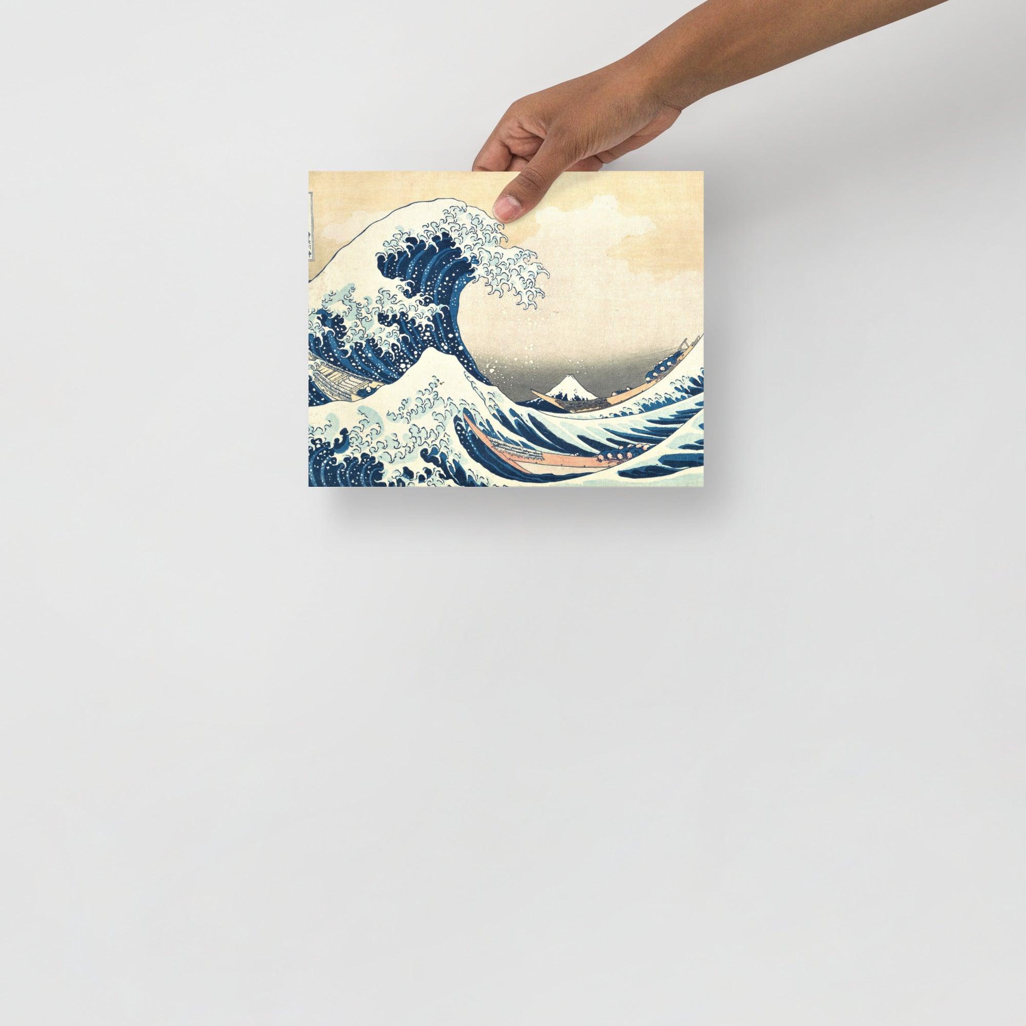 The Great Wave off Kanagawa by Hokusai poster on a plain backdrop in size 8x10”.