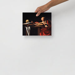A Saint Jerome Writing by Caravaggio poster on a plain backdrop in size 8x10”.