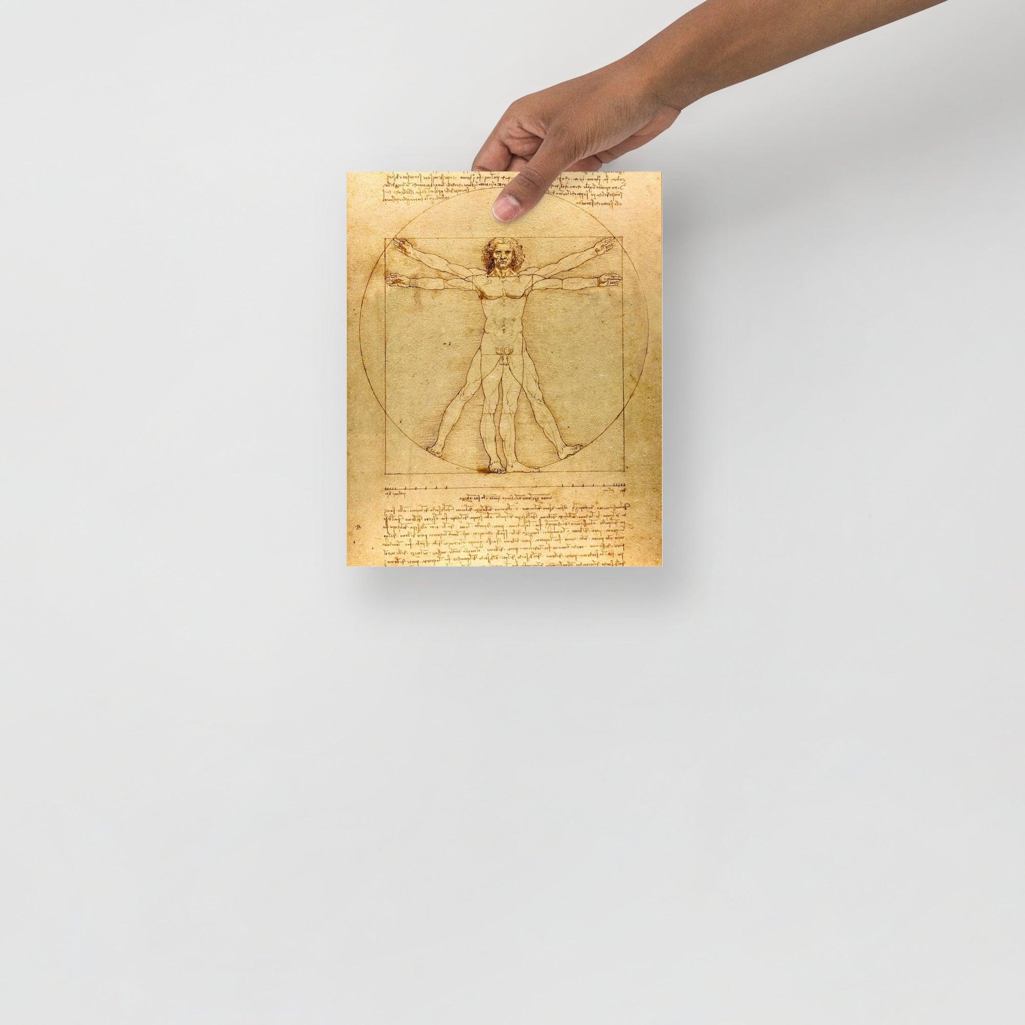 A Vitruvian Man by Leonardo da Vinci poster on a plain backdrop in size 8x10”.