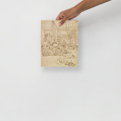 A Scene in an Arsenal by Leonardo Da Vinci poster on a plain backdrop in size 8x10”.