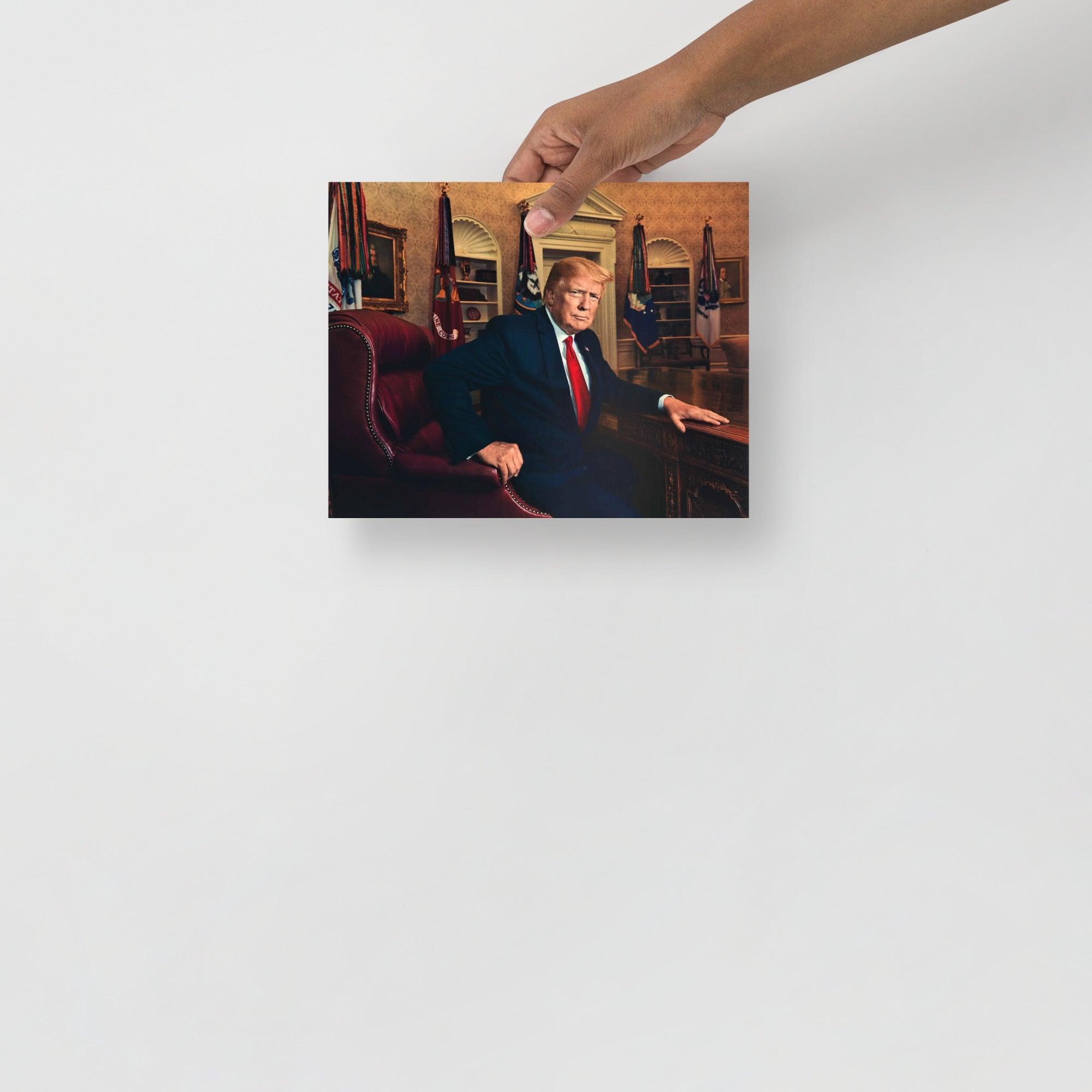 A Donald Trump at the Oval Office poster on a plain backdrop in size 8x10”.