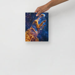 A Pillars of Creation by James Webb Telescope poster on a plain backdrop in size 8x10”.