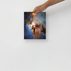 A Lagoon Nebula by Hubble Space Telescope poster on a plain backdrop in size 8x10”.