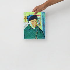 A Self Portrait With Bandaged Ear by Vincent Van Gogh poster on a plain backdrop in size 8x10”.
