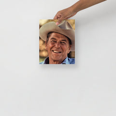 A Ronald Reagan Cowboy Hat poster on a plain backdrop in size 8x10”.